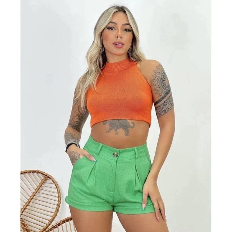 Short Feminino Linho de Botão