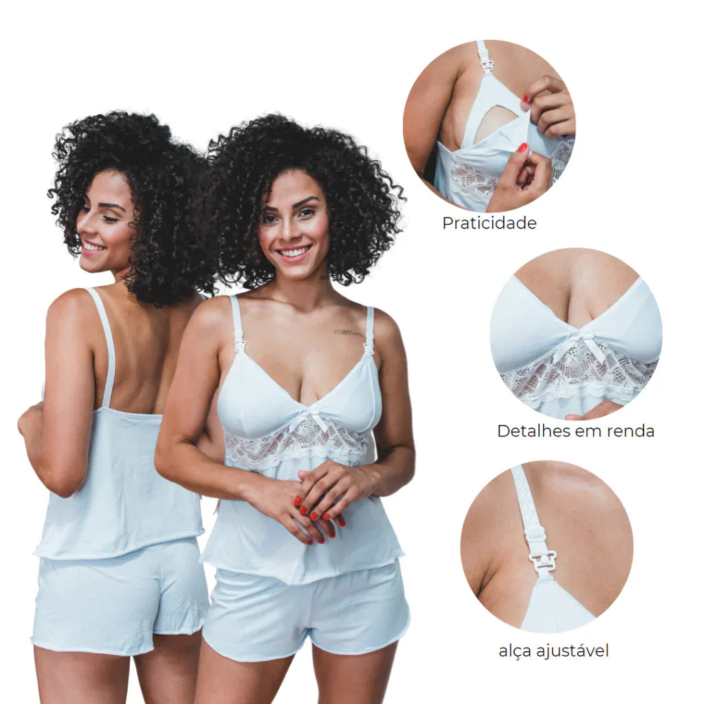 Short Doll Amamentação com Renda Confortável Maternidade