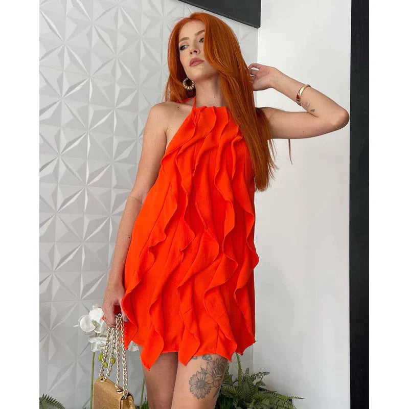 Vestido Feminino Curto Com Babados Tecido Duna