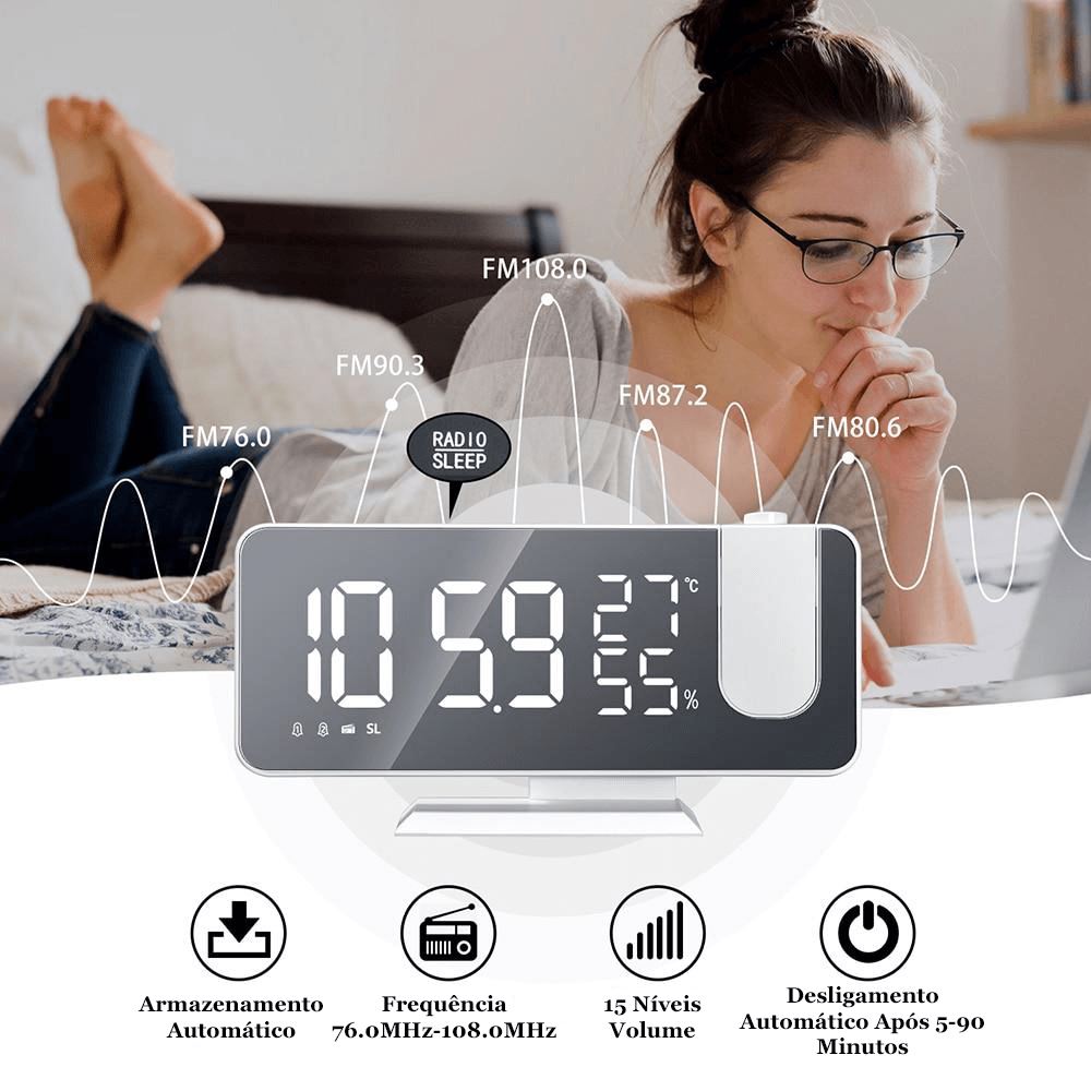 Relógio Digital LED Smart Alarm com Projetor 180°