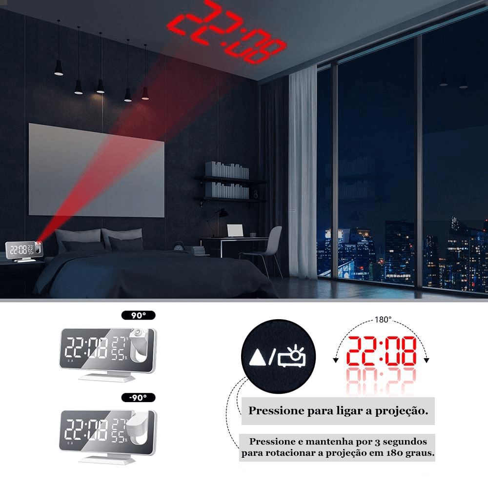 Relógio Digital LED Smart Alarm com Projetor 180°